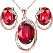 [Leafael] [Presented by Miss New York Austrian Crystal Oval Double Circle Shape Red Magma Jewelry Set Earrings Pendant Necklace