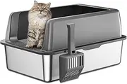 Zarler Stainless Steel Litter Box with Lid, XXL 61 L x 40.6W x 30.5H CM Metal Litter Box, Extra Large Cat Litter Box for Big Cats with High Sided, Grey (Non-Sticky, Easy to Clean, Anti-Urine Leakage)