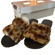 Bamboo Fullmoon Furry Slide Sandals Womens LeopardFaux Fur Slip On Size 9