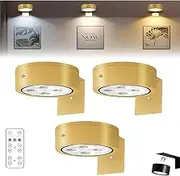 Topveden Picture Lights for Wall, Rechargeable Magnetic Poster Lights, Magnetic No Drill Wall Sconce, Picture Lights with Remote, 3 Color Temps&12 RGB Dimmable (3 Pcs,Gold)