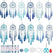 12PCS DIY Small Dream Catcher Kit Handmade Blue Dreamcatcher for Adult Beginners DIY Mini Hanging Ornament Starter Making Kit for Bedroom Car Mirror Keychain bag Bohemian Decoration Craft Gift