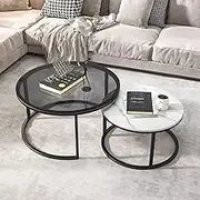Nesting Coffee Tables Set Of 2, Tempered Glass Large Round Coffee Table Slate Top Small Round Sofa Table For Living Room, Stacking Nesting Tables With Sturdy Metal Frame(Grey Glass,80+60cm(31+24inch))
