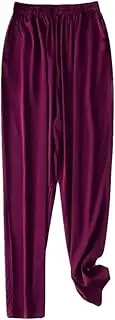 [Generic] Women Pants Silk Elastic Double Qiao Satin Elastic Waist Pocket Design Women's Casual Pants