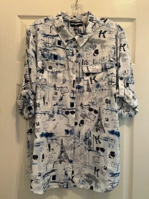 Karl Lagerfeld Paris-themed roll-up long sleeve Blue shirt Sz XL New With Tag