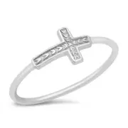 Sideways Cross Ring Sterling Silver 925 Rhodium Plated Face Height 7 mm Size 5