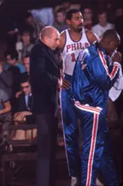 Philadelphia 76ers head coach Alex Hannum and Wilt Chamberlain loo- Old Photo