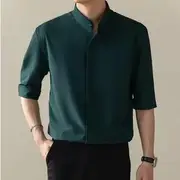 Short-Sleeve Stand Collar Plain Concealed Button Shirt Green - M