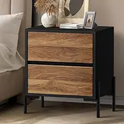 Oikiture Bedside Table with 2 Drawers and Metal Leg Side End Table Bedroom Storage Cabinet Nightstand Walnut