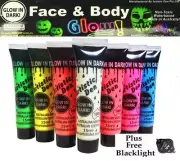 7 x15ml UV NEON GLOW IN THE DARK FACE & BODY PAINT + FREE UV LIGHT!