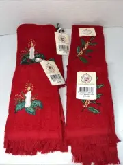 The Rug Barn Christmas Fringe Embroidered Fingertip Hand Towels Vtg Lot Of 4