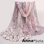 【ANNASOFIA】仿蠶絲領巾絲巾圍巾-枝葉疊影 軟柔雪紡(藕紫粉系)