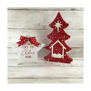 Christmas Decor Red White Chunky Wood Manger Tree Adore Him Star
