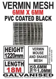 Black Welded Wire PVC coated Mouse Snake Bird 1220h x 18m Vermin Mesh 6x6mm