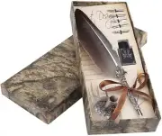 Feather Dip Pen Retro Feather English Calligraphy Dip Quill Pen with 5 Alloy