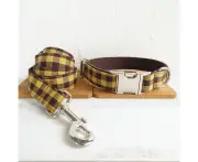 Brown Plaid Suede Fabric Dog Collar Collar & Leash M