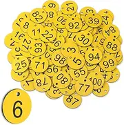 Tenare Pack of 100 Plastic Number Plates, 1-100 Numbers, Key Chains, Waterproof Small Plastic Numbered ID Tags with Hole for Wardrobe, Car Luggage, Without Key Rings (Yellow, Black)