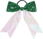 Xansema Large Cheer Bows Sequin Cheer Hair Bow for Girls, Glitter Cheer Bows Ponytail Cheerleading Ribbon Holder Hair Band for Women Teen Girls (Green White)