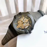 在飛比找蝦皮購物優惠-男士機械錶 鏤空大三叉自動機械錶 霸氣時尚男錶 黑金色皮帶錶
