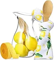 9 Pcs Lemon Gifts for Women, Includes 37 oz Plastic Lemonade Pitcher Fake Lemons Kitchen Towel Wooden Spoon Citrus Reamer and Yellow Ribbon, Spring Summer Kitchen Decorations and Accessories
