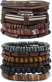 [LYLYMIMI] 11 Pcs Woven Braided Leather Bracelet for Men Women Hemp Cords Wood Beads Cuff Bracelets Adjustable
