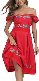 [YZXDORWJ] Mexican Dress for Women Embroidered Off Shoulder Peasant Cotton Dress Boho Outfit