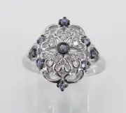 Vintage Style White Gold Diamond and Tanzanite Cocktail Cluster Ring Size 6.75