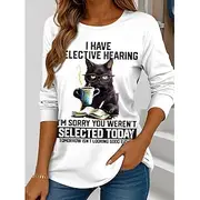 Women's T Shirt Graphic Cat Letter Vintage Stylish Classic Long Sleeve Crew Neck Round Neck Regular Tops Daily Weekend Print White / Black Black White Pink Gre
