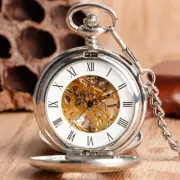 Silver Mechanical Double Hunter Skeleton Pocket Watch Mens Womens Xmas Gifts