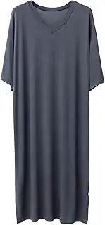 [ASHER FASHION] Mens Nightshirt Cotton Modal Nightgown V Neck Short Sleeve PJ Soft Long Sleepwear Loose Pajamas Sleep Shirt