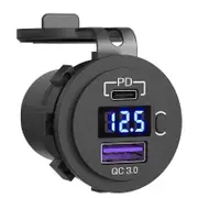 USB C Car Charger Socket 12V/24V Dual USB Outlet PD3.0 QC3.0 Car USB Port with LED Voltmeter-Blue Light