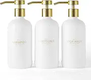 Janxin Shampoo and Conditioner Dispenser Set of 3,Refillable 21oz Shampoo Bottles with Non-Slip Protective Silicone Pad,Shower Soap Dispenser with Waterproof Labels for Bathroom (White)