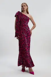 Velvet Sequin One Shoulder Woven Maxi Dress