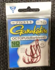 Gamakatsu Octopus Salmon Steelhead Barbless Fishing Hooks Red 75311 Size 1/0