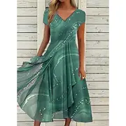Women's Semi Formal Party Dress Swing Dress Knee Length Dress Green Blue Gray Short Sleeve Color Block Print Spring Summer V Neck Elegant Loose 2023 S M L XL X