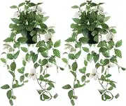 Vnezakl 2 Pcs Artificial Ivy Hanging Plant with Flowers 3D Realistic Faux Greenery Fake Ivy Leaves UV Resistant Textured Floral Vine for Indoor Outdoor Wall Garden Home Decor