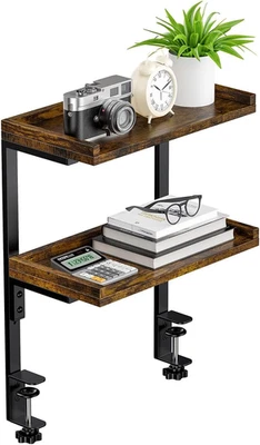 Clamp on Desk Shelf 2-Tier, Wood Shelving Unit for Office Desk/Gaming Accessorie