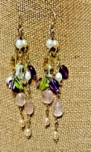 3 Strand Sterling Wire Wrap Dangle Pearl Quartz Amethyst Peridot Earrings NEW FR