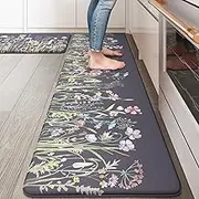 KIMODE Anti Fatigue Kitchen Mat for Floor, 17"x59"+17"x29" Floral Kitchen Rugs Sets of 2, Kitchen Floor Mats Non-Slip, Cushioned Standing Desk mat for Sink, Laundry, Office Dark Grey/Purple