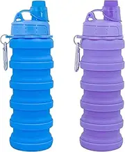 Collapsible Water Bottles Two Pack Travel Sports Portable Sport Water Bottle comes with mountaineering Buckle 500ml silicone Water-proof camping water bottle (Blue and Pueple Color)