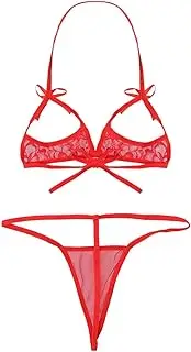 [GRRKDFQ] Women's Nightwear, Lingerie & Underwear Lace Open Cup Halter Neck Bra with G-String Briefs