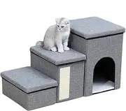 3-Step Foldable Storage Indoor Dog Steps, Pet Steps for High Bed Sofa, Non-Slip Dog Stairs Step with Storage Box and Scratcher for Puppy/Cats, Hold Up to 65 lbs