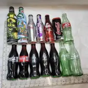 14 Vintage Coca Cola & Coke Glass Bottles 8" Green Bottles 90s mountain dew cans