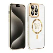 For Apple iPhone 15/14/13 Butterfly Design MagSafe Magnetic Case with HaloLock Shockproof Military Grade Protection Scratch Resistant Back Protective Cover (White)