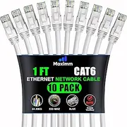 Maximm Cat 6 Ethernet Cable 1 ft (10-Pack) - High-Speed LAN Cable, Internet Cable, Patch Cable, and Network Cable - UTP, 10Gbps, 550MHz Ethernet Cord - White