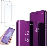 Ttianfa Case Cover for Samsung Galaxy S10E Mirror Flip Case,【2】 Screen Protection Film 360° Protective Stand Shockproof Platin Translucent Smart Clear View PC TPU Case Compatible for S10E,Purple