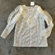 NWT Sandro Bonnie Lace Open Sleeve Ruffle Blouse Top Shirt White Women's size 2
