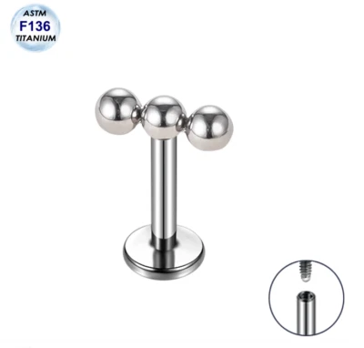 16G Titanium Internally Threaded 3 Beads Tragus Ring Labret Conch Cartilage Stud