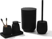 GAHEFY Black Bathroom Accessories Set with Small Trash Can 3 Liter/0.8 Gallon,Toothbrush Holder,Soap Dispenser,Vanity Tray,Toilet Brush and Holder Black 5PCS (9021A)