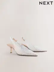 White Forever Comfort® Point Toe Vinyl Jewel Detail Sling Back Heels (AL5343) | $83