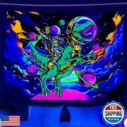 Funny Space Blacklight Tapestry UV Reactive Poster, Astronaut Dinosaur Univer